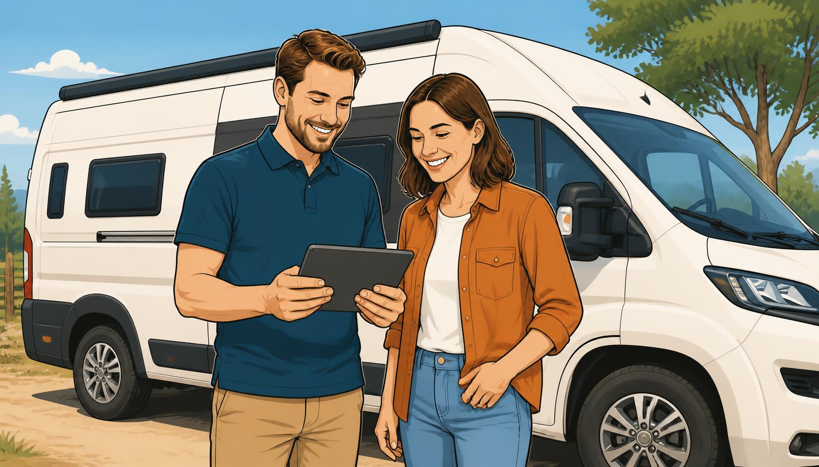 Illustration einer Fahrzeugübergabe: Mitarbeiter mit Tablet und Checkliste vor einem weißen Wohnmobil übergibt Schlüssel