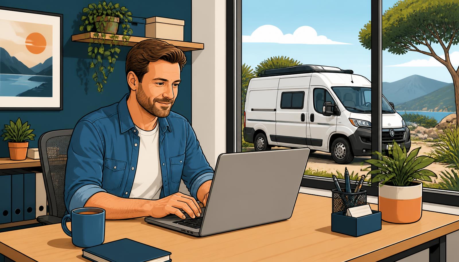 Illustration eines Campers neben Laptop und Smartphone mit digitalen Vermietungsprozessen