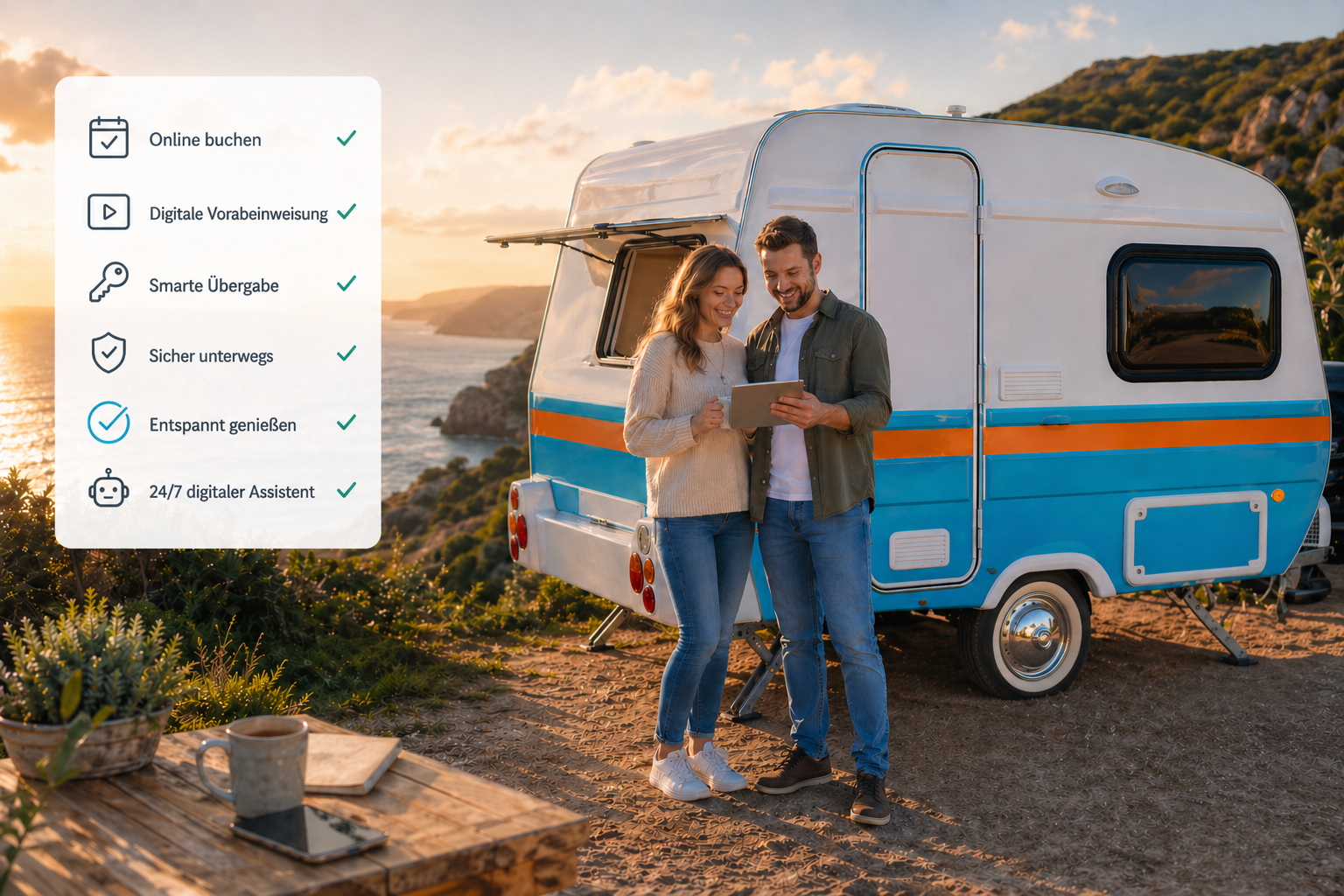 Smarlps – Pärchen mit Tablet vor Retro-Wohnwagen bei Sonnenuntergang am Meer mit Übersicht der digitalen Funktionen