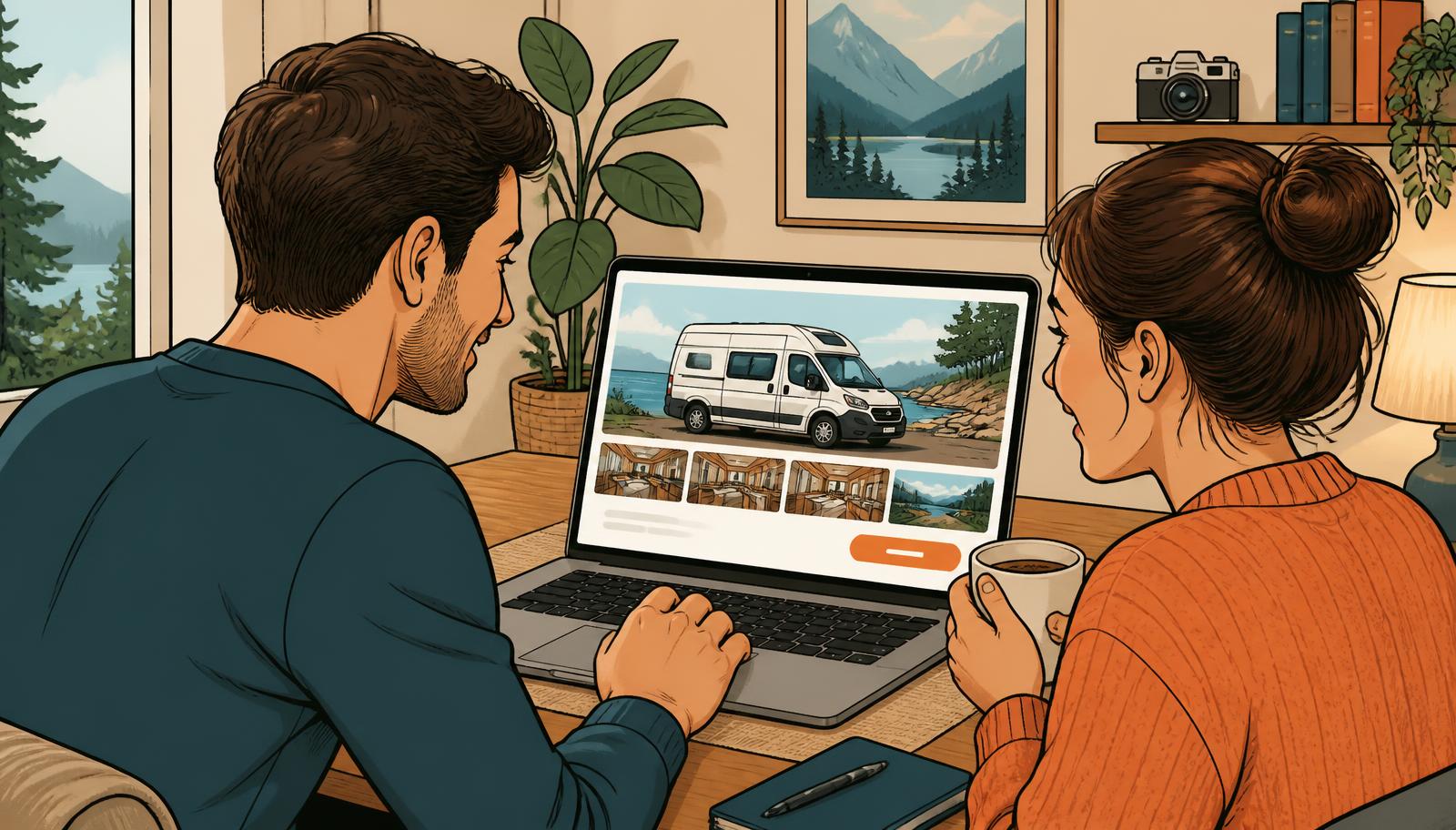 Illustration: Wohnmobilvermieter am Laptop mit Buchungswebsite, Belegungskalender, Bewertungssternen und lokaler Google-Suche