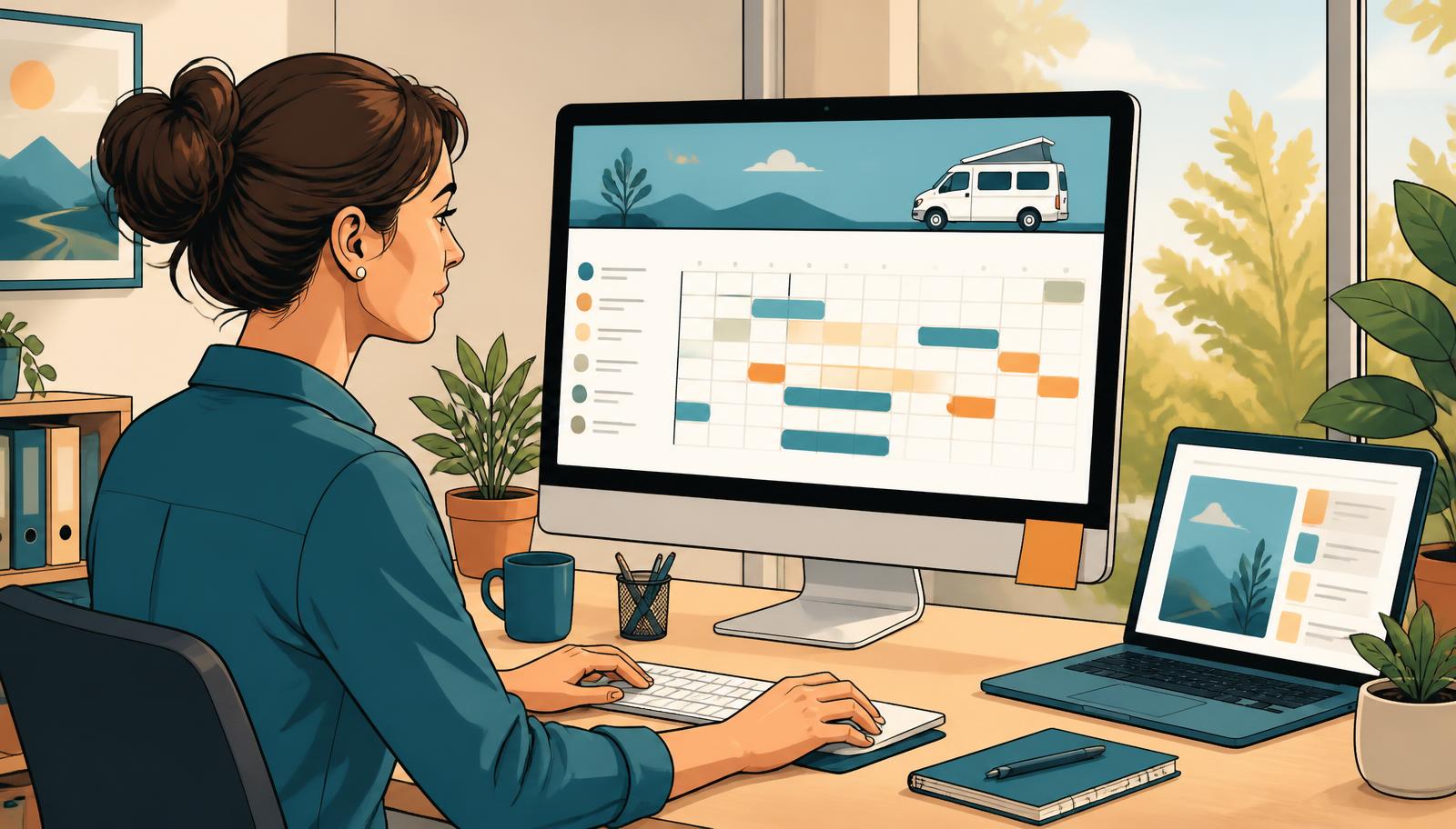 Illustration eines Laptops mit Vermietungssoftware-Dashboard, Kalender, Vertrag und Zahlungssymbolen