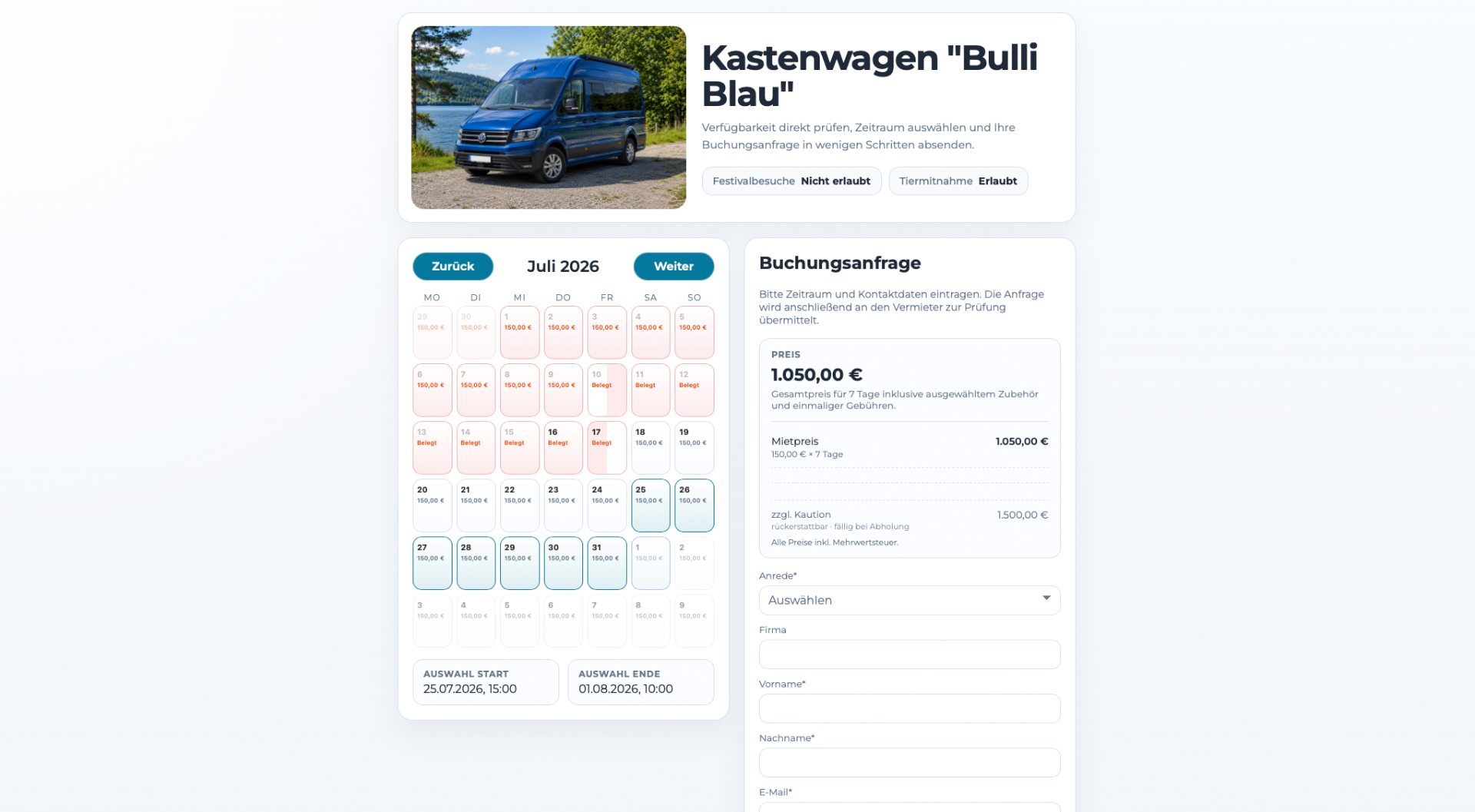 Buchungswidget mit Preis-Kalender und Anfrage-Formular