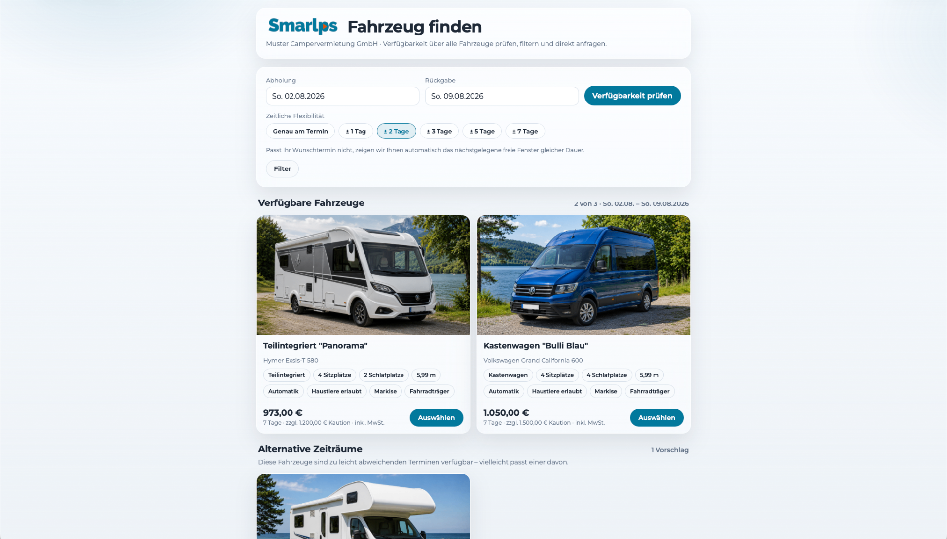 Fahrzeug-finden-Widget mit Verfügbarkeitsprüfung und Alternativen
