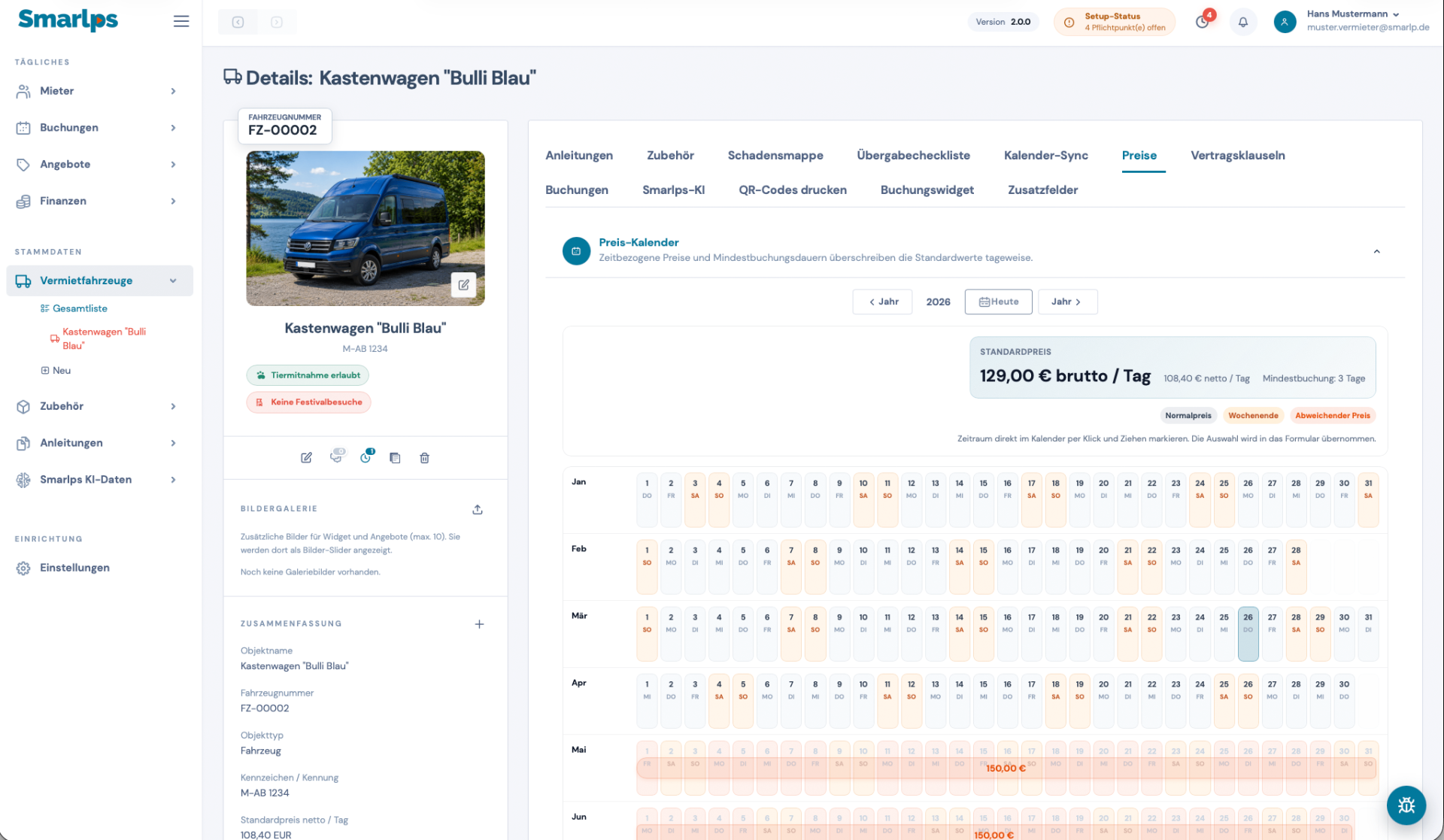 Preis-Kalender mit Standardpreis und abweichenden Preisen im Jahresüberblick