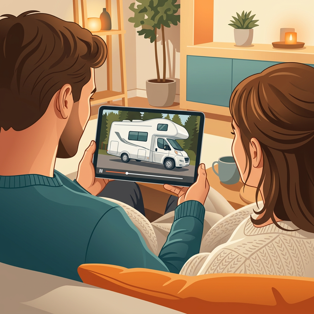 Illustration einer Person, die auf dem Sofa ein Erklärvideo zum gebuchten Wohnmobil auf dem Smartphone ansieht
