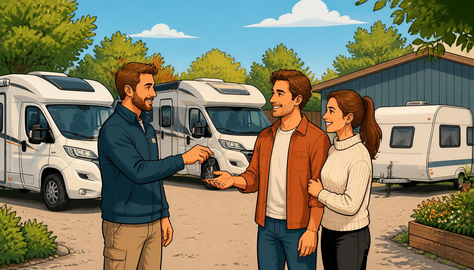 Illustration: Vermieterin mit Tablet übergibt den Schlüssel eines Wohnmobils an eine Mieterin vor dem Camper