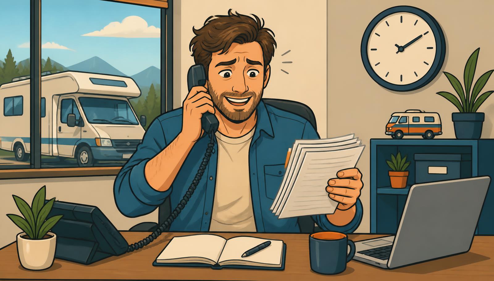 Illustration einer großen Uhr neben einem Wohnmobil als Sinnbild für Zeitfresser in der Vermietung